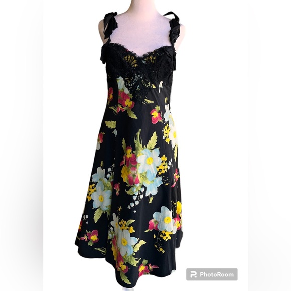 RICKIE FREEMAN for TERI JON Black Floral Print  Cotton Dress Black Lace 4 NWT - Picture 16 of 16